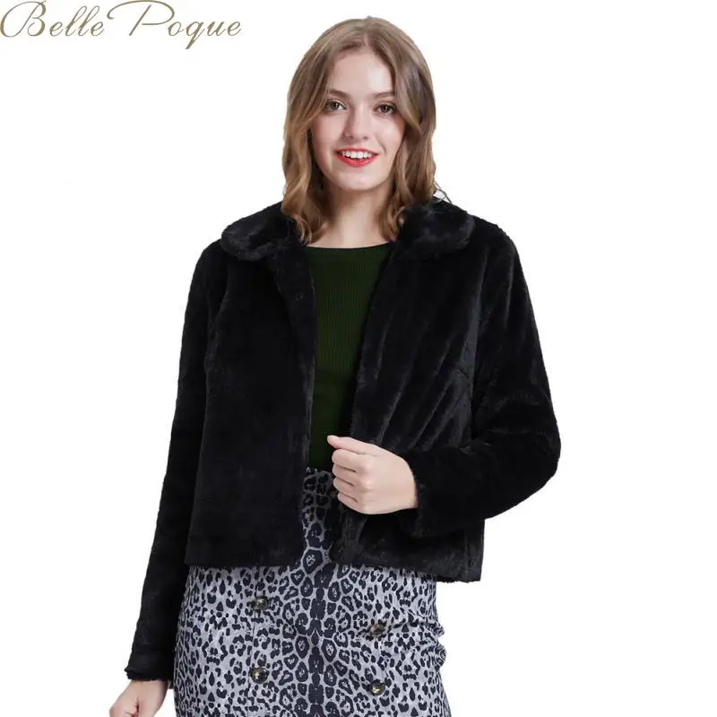 Belle Poque, короткое пальто для женщин, зимнее пальто из искусственного меха, элегантные толстые теплые Топы с длинным рукавом, черные лацканы, тонкая женская куртка