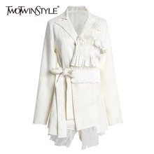 TWOTWINSTYLE лоскутный сетчатый блейзер с рюшами женский Зубчатый воротник с длинным рукавом Высокая талия на шнуровке Асимметричный костюм женская мода