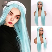 EEWIGS onda suelta sintético peluca con malla frontal de alta temperatura azul Pastel recta larga peluca sin costuras pelucas de Cosplay para las mujeres