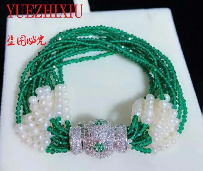 

8row Ball micro inlay zircon clasp 4mm green jade stone pearl multi-rows bracelet gift 8inch