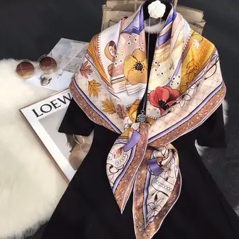 

100% silk scarf big square cute prince and princess Fairy tale satin scarf wedding pink foulard female headscarf summer shawl