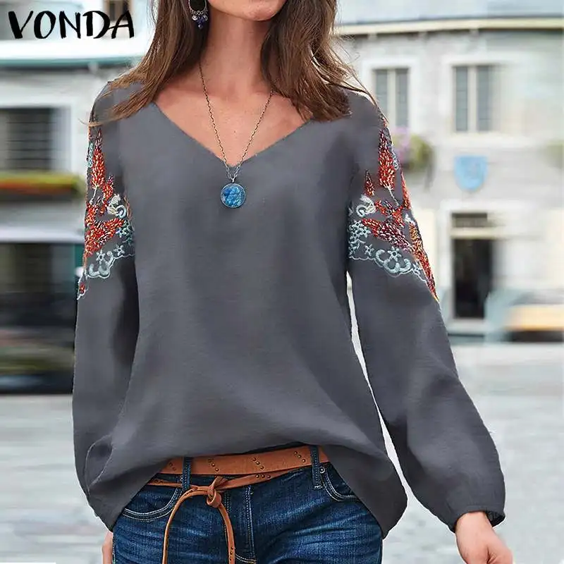  VONDA Embroidered Blouse Women Cotton Vintage Office Shirts Beach Printed Tops Bohemian Tunic 2019 