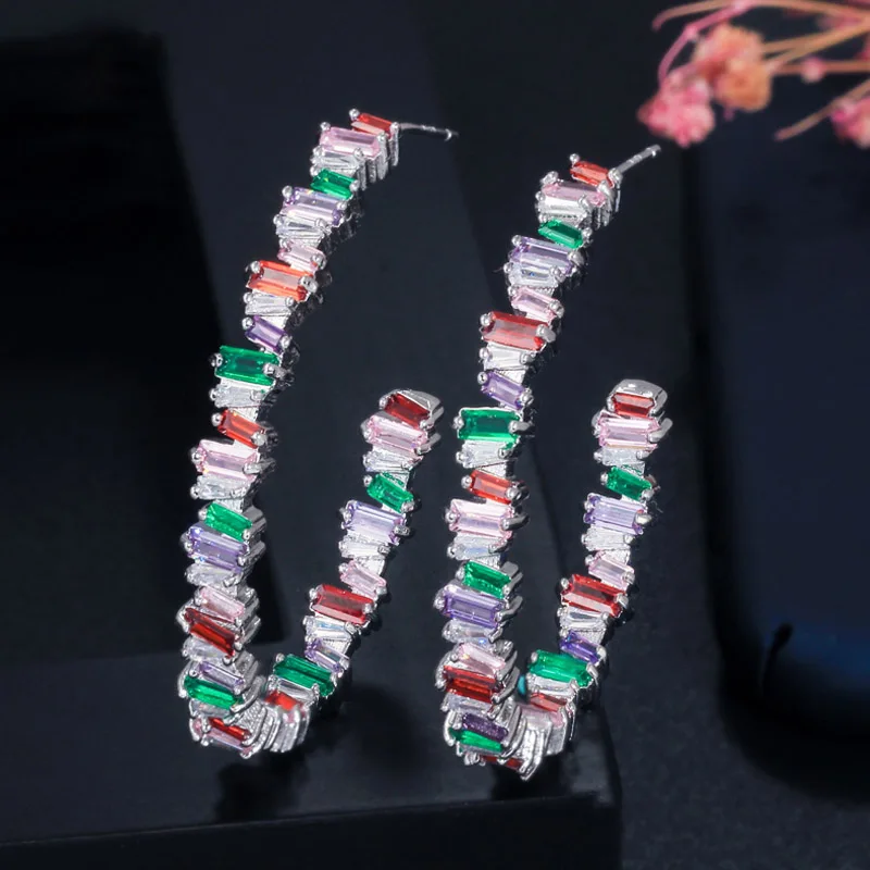 Silver Colorful BeaQueen нерегулярные багет Радуга цветной Кристал стерлингового серебра 925 большие круглые серьги-кольца модные ювелирные изделия E306 - Окраска металла: Silver Colorful