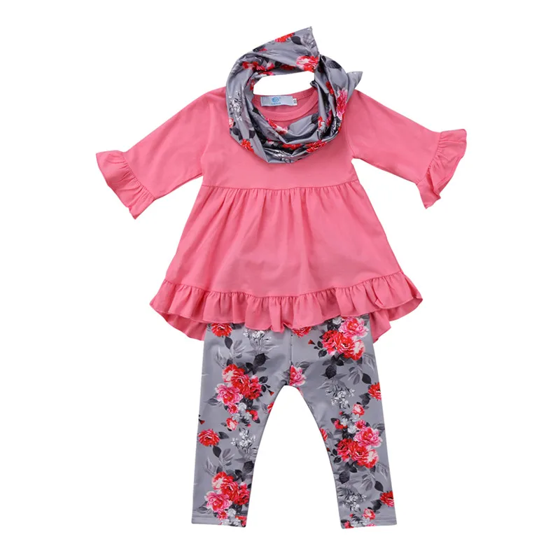 

2020 New Fall Autumn 1-7Y Kids Baby Girl 3Pcs Set Pink Dress-Style Flared Long Sleeve Ruffled Top+Floral Print Pants+Scarf
