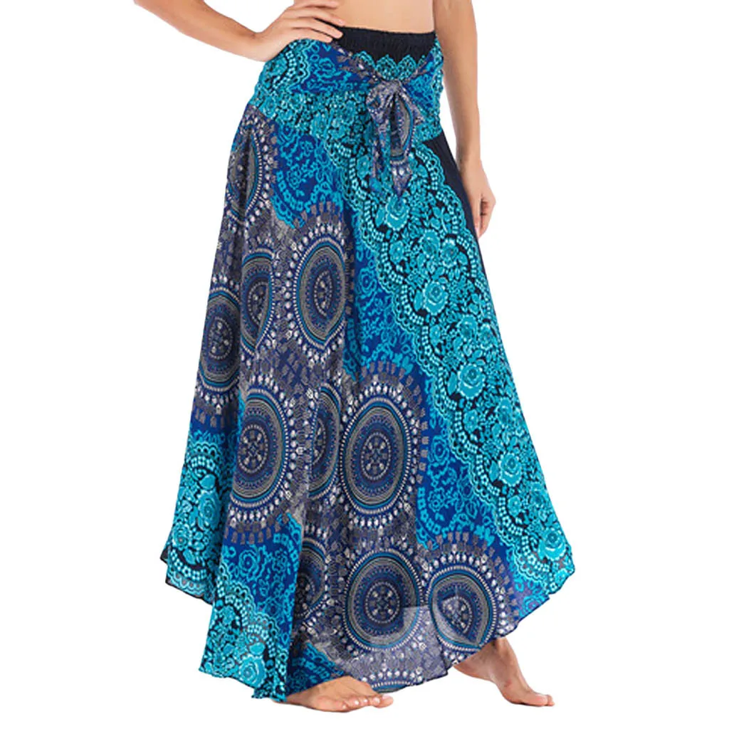 Women Print Floral Long Hippie Bohemian Bandage Skirt Gypsy Boho Ladies Female Lace Up Flowers Elastic Halter 2020 | Женская одежда