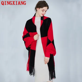 

2019 Cashmere Streetwear Geometric Plaid Cloak Winter Knitted Thick Tassel Poncho Women Long Sleeves Pashmina Warm Shawl