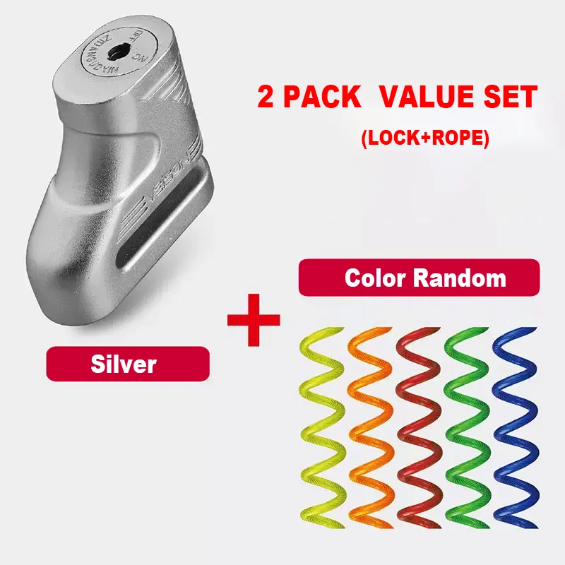 sliver lock and rope VEISON мотоциклетный роторный дисковый замок, мотоциклетный Противоугонный тормозной замок для скутера, мотоциклетный замок+ кабель напоминания+ 2 ключа - Цвет: sliver lock and rope