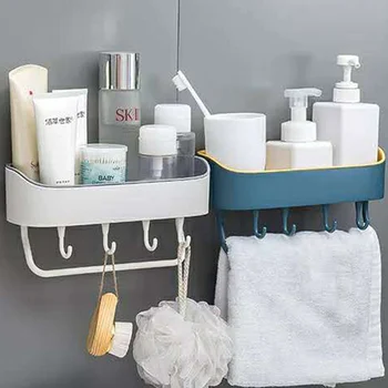 

Wall Mounted Storage Rack Kitchen Bathroom Shelf Hook Hanger Organizer Shower Caddy Holder Magic Sticker Bathroom Accessories
