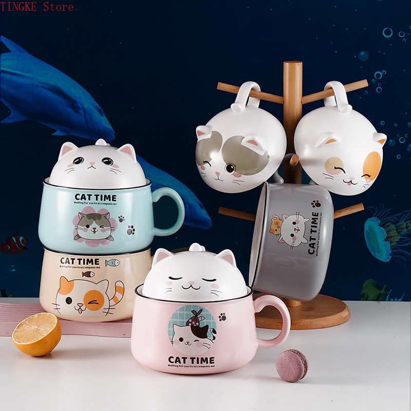 창의력 대용량 숟가락 뚜껑 도자기 인스턴트 국수 그릇 어린 소녀 기숙사 학생 사무실 슈퍼 대형 그릇 머그잔