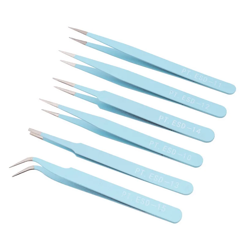 blue 6 шт./компл. 4 цвета Пинцет из нержавеющей стали ESD10 11 12 13 14 15 антистатические пинцеты ремонтный набор инструментов Красота Маникюр самодельный пинцет - Тип головки пинцета: blue