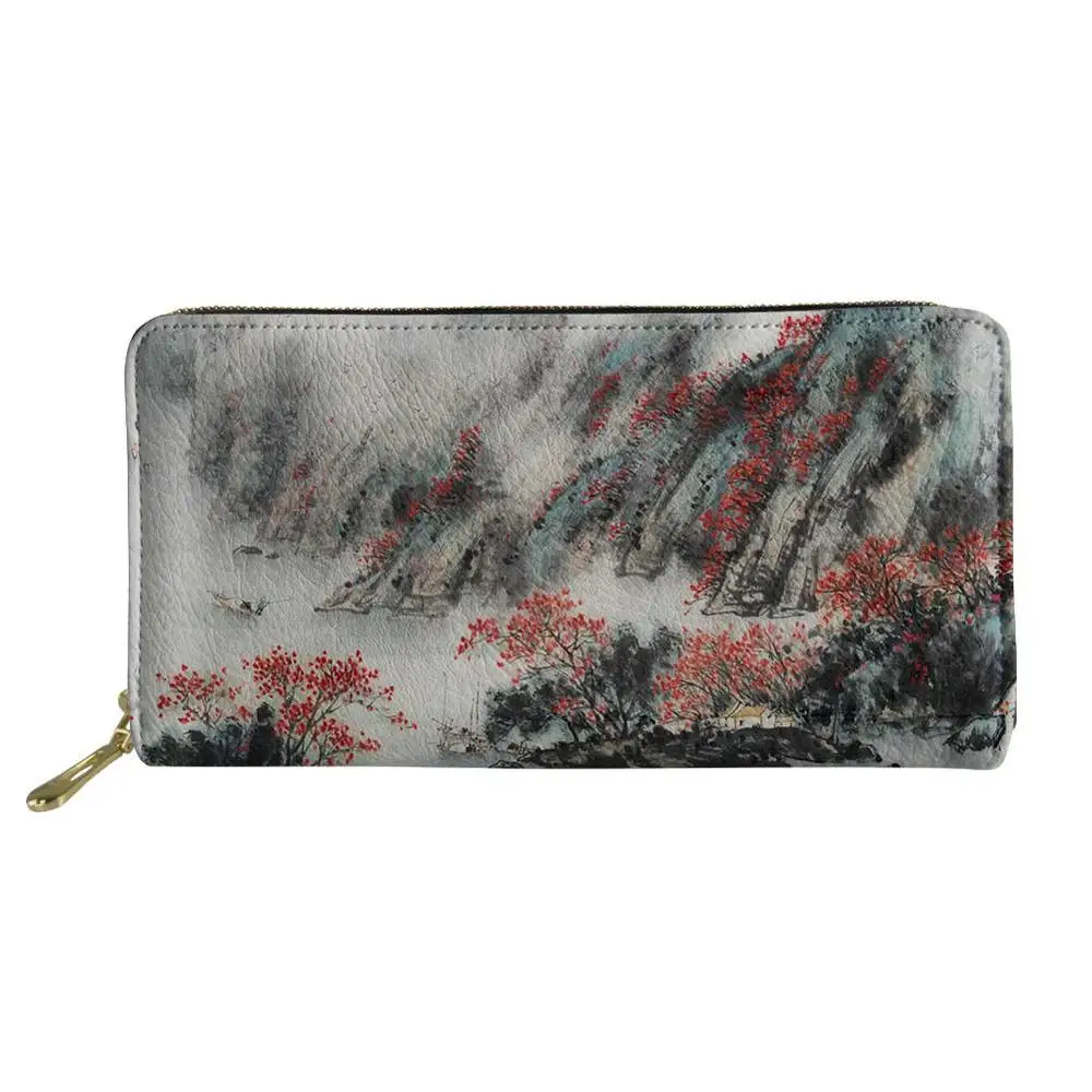 

NOISYDESIGNS Chinese Style Landscape Ink Painting Women Long Wallet Zipper Girl Coin Card Cases Bags Storage Money Purse Custom