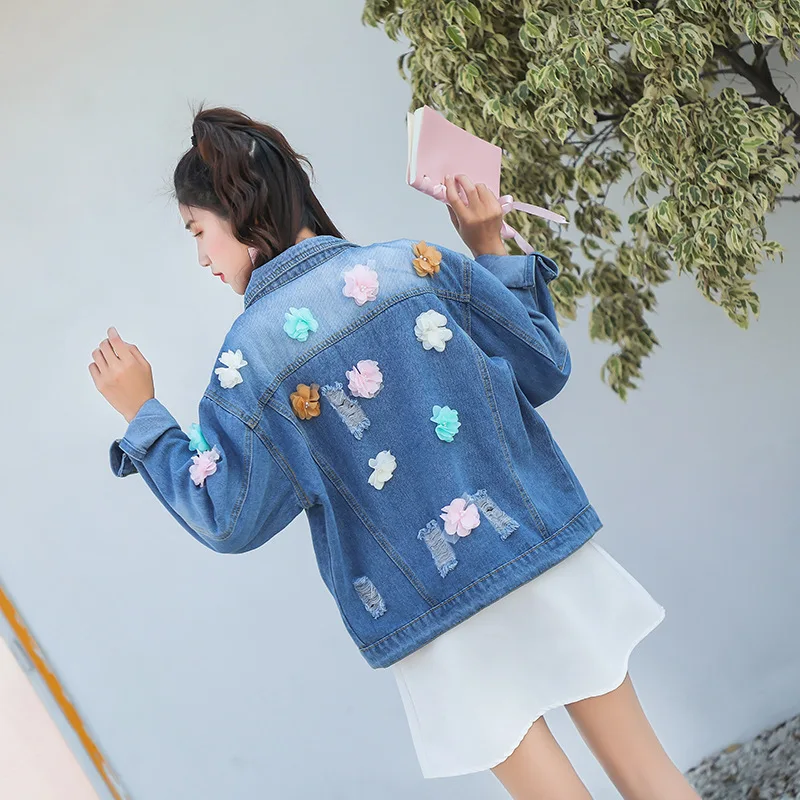 

Autumn Stereo Handmade Floral Print Loose-Fit Jeans Coat Women's Fashion