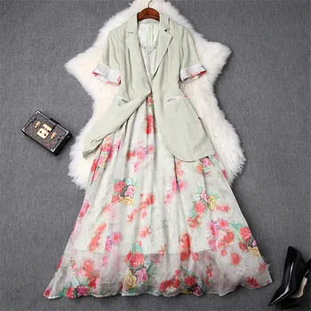 

Elegant Lady OL Two Piece Dress Set Women Summer Designer Short Sleeve Notched Blazer Floral Print Beading Chiffon Tank Dresses