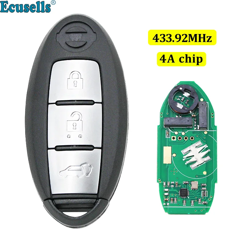 

3 Button Smart Remote Key fob 433.92MHz 4A Chip Keyless Entry Controller for NISSAN Qashqai X-Trail PULSAR with insert key