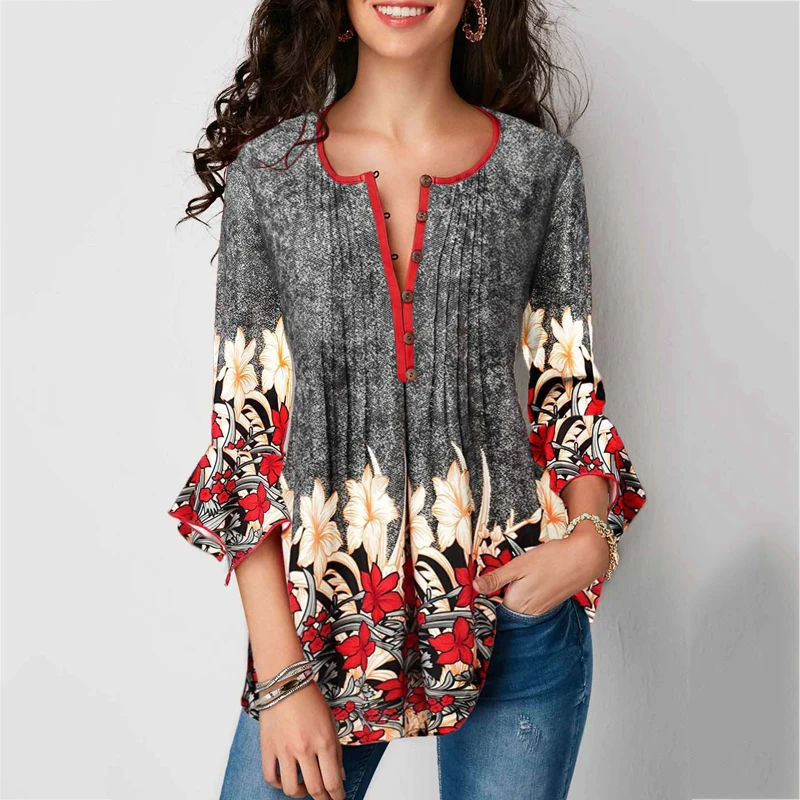 

Summer fashion casual women's seven-point sleeve V-neck print ruffled sleeve T-shirt top