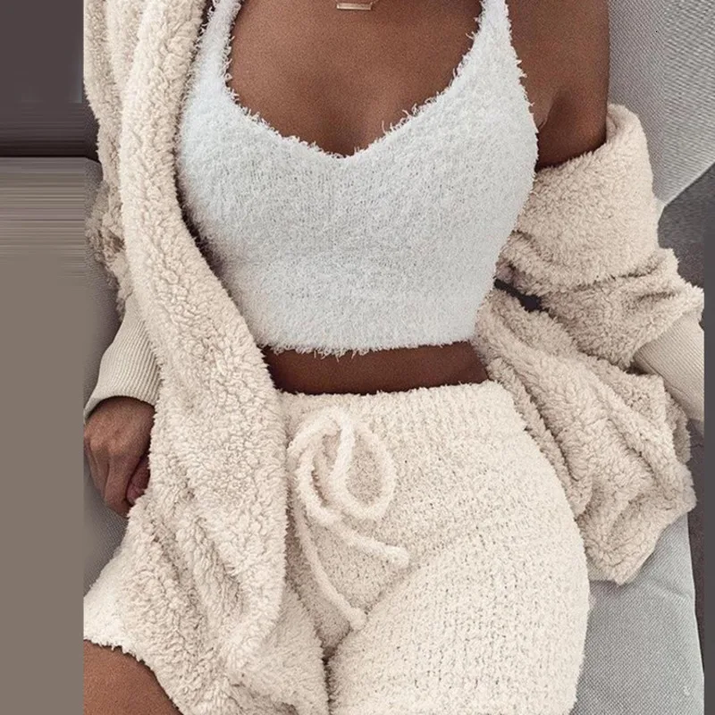 beige Женский флисовый плюшевый повседневный комплект из 2 предметов, куртка кардиган с капюшоном, осенне-зимняя верхняя одежда+ шорты, Клубные Вечерние наряды - Цвет: beige