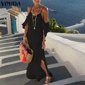 

VONDA Long Maxi Dress 2020 Summer Sexy V Neck Party Maxi Long Dress Beach Casual Loose Vestidos Plus Size Summer Sundress Femme
