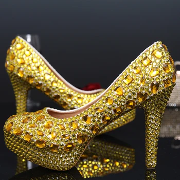 

Fashion 10cm Wedding Bridal Shoes High Heels Gold Color Banquet Dress Shoes Pageant Event Shoes Rhinestone Women Prom pumps