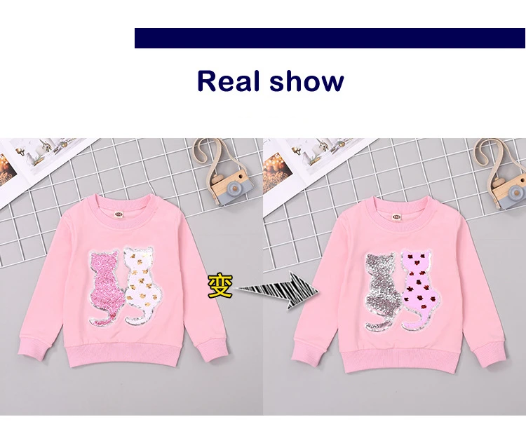 Cartoon Sequins Cat Sweatshirt Kids Girls Spring Children Cotton Long Sleeve Tshirts Fashion Cute Tops Toddler Clothes New
