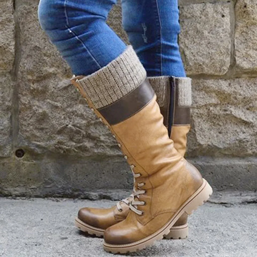 Обувь женские модные ботинки zapatos de mujer, женская кожаная теплая обувь на низком каблуке, на шнуровке, с круглым носком ковбойские рыцарские сапоги