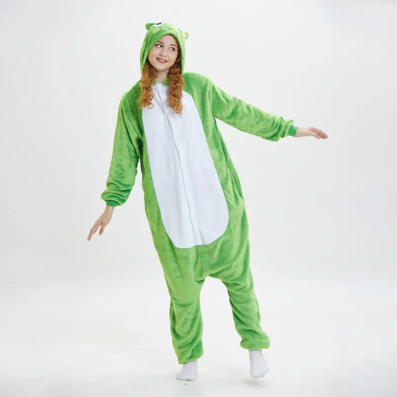 Лягушка Onesie животных мультфильм пижамы для взрослых женщин и девочек фланелевые мягкие теплые зимние комбинезон фестиваль вечерние маскарадный костюм