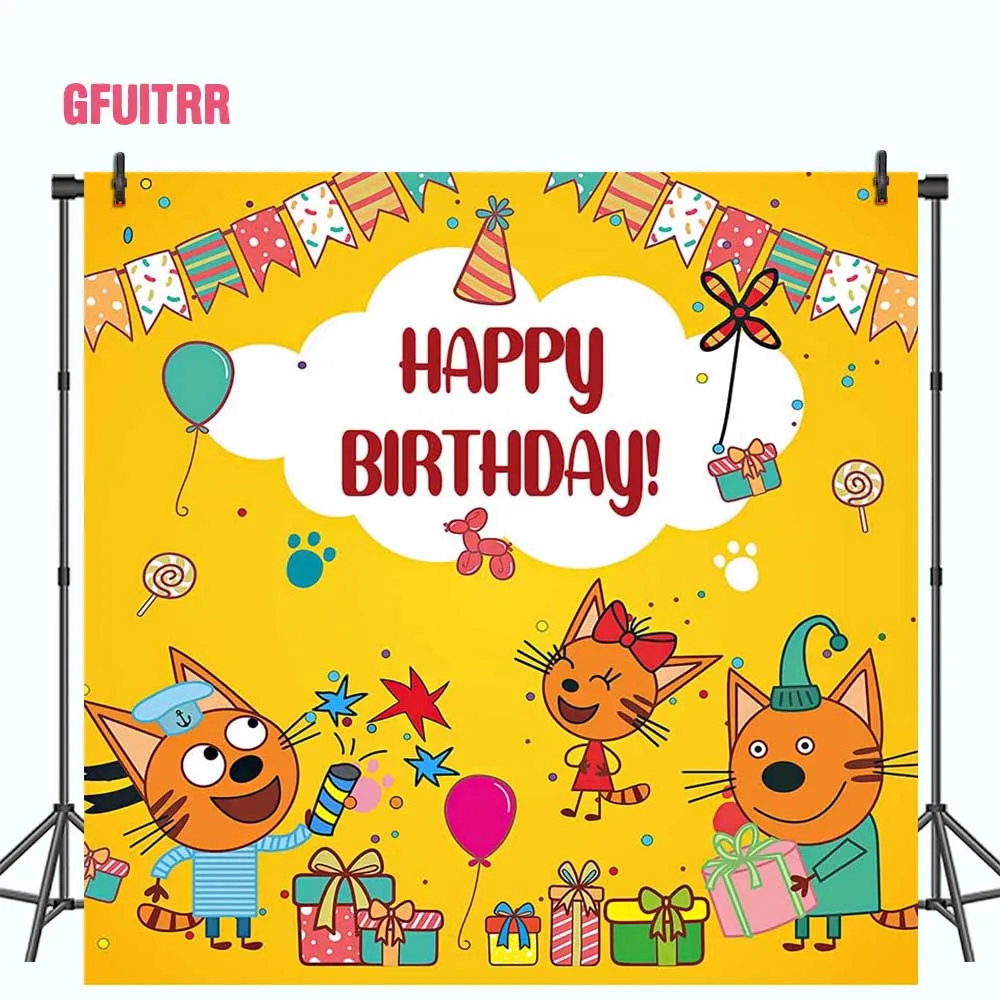 Gfuitrr-kid-e-cats Foto Fundos para Fotografia Happy Birthday Backdrops Decoração Bonito dos Desenhos Animados do Gato Poster Banner Photo Studio