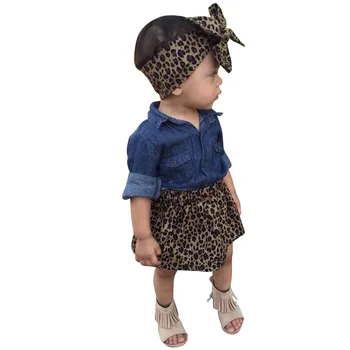 

Leopard Printed Toddler Girls Skirt Clothing Outfits Set 3 Piece Baby Girl Clothes Set Autumn Denim Shirt + Bow Tie + Skirt D30