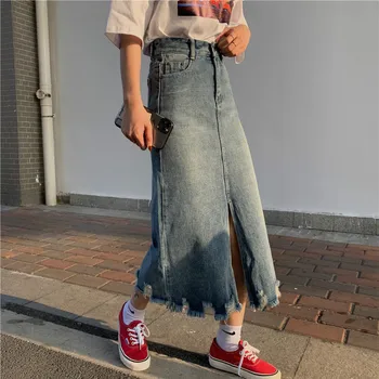 

High Waist Split Denim Midi-long Skirt Casual Ripped Jeans Skirt Women Vintage Irregular Jupe Longue Femme