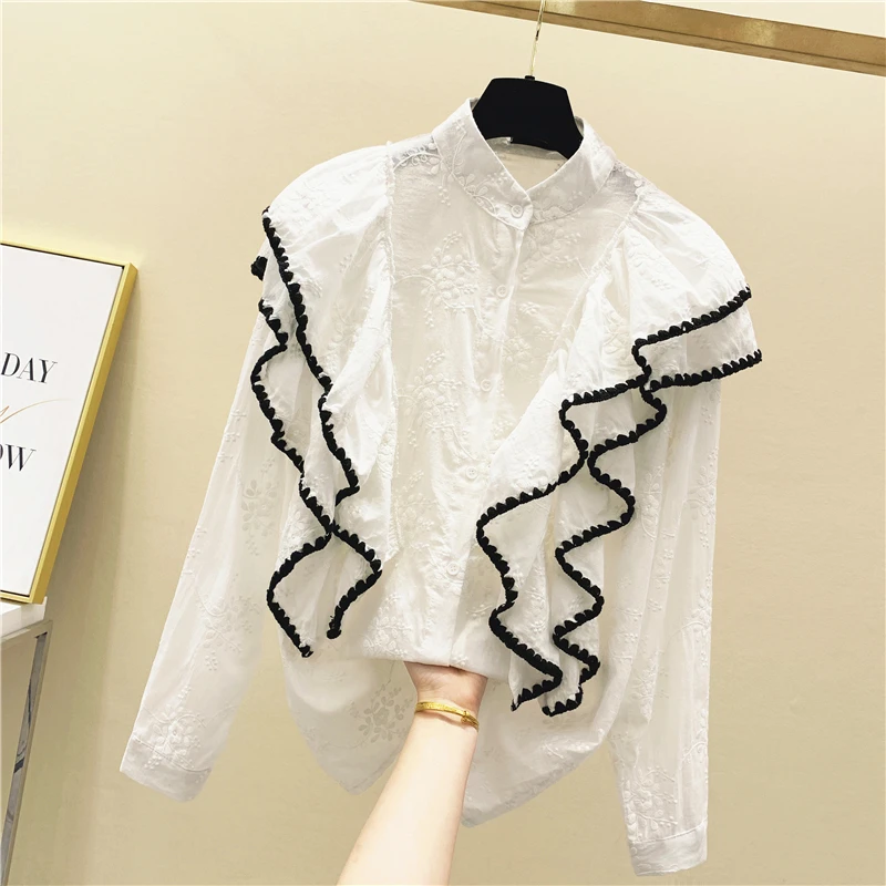 

Embroidered Ruffle Stand Collar Shirt Women's 2020 Spring New Floral Embroidered White Shirt Women's Blouses and Tops Blusas