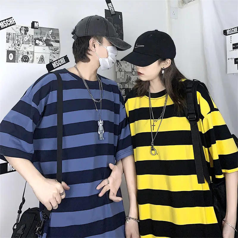 

Summer Striped T Shirt Men's Fashion Contrast Cotton Casual T-shirt Men Streetwear Wild Loose Short-sleeved Tshirt Couple