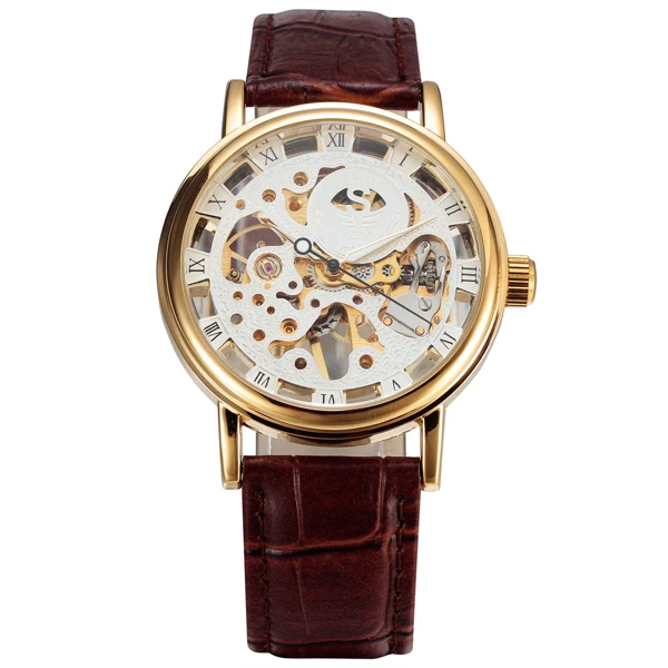 New Luxury Brand Gold Transparent Skeleton Watch Men Mechanical Hand Wind Wristwatch Male Fashion Leather Band Wristwatch