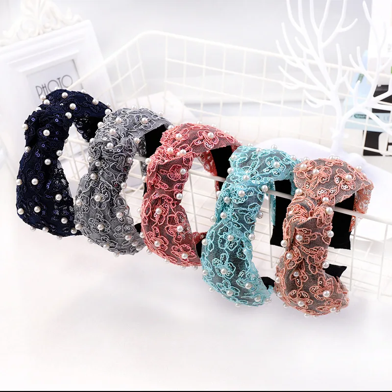 Sweet Ladies Pearl Headband Boutique Headwear Fashion Sequins Lace Hairband Top Knot Headband for women and girls
