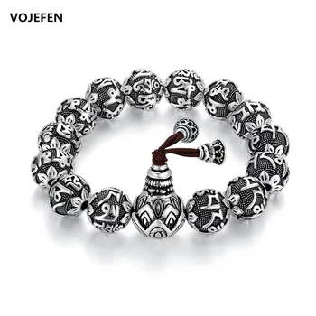 

VOJEFN Buddhism Vintage 925 Sterling Silver Bracelet Men Charm Rope Bracelet Men, Six Words Yoga Lotus Bracelet Homme Original