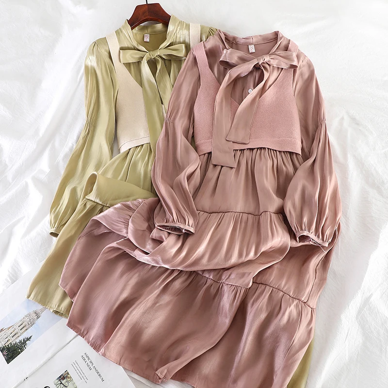 

2019 new fashion women's Knitted vest+dress two-piece bright silk dress K724