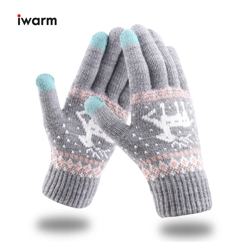 Iwarm перчатки с сенсорным экраном женские зимние теплые вязаные плюс бархат толстые жаккардовые олени пара Корейская версия фабрики