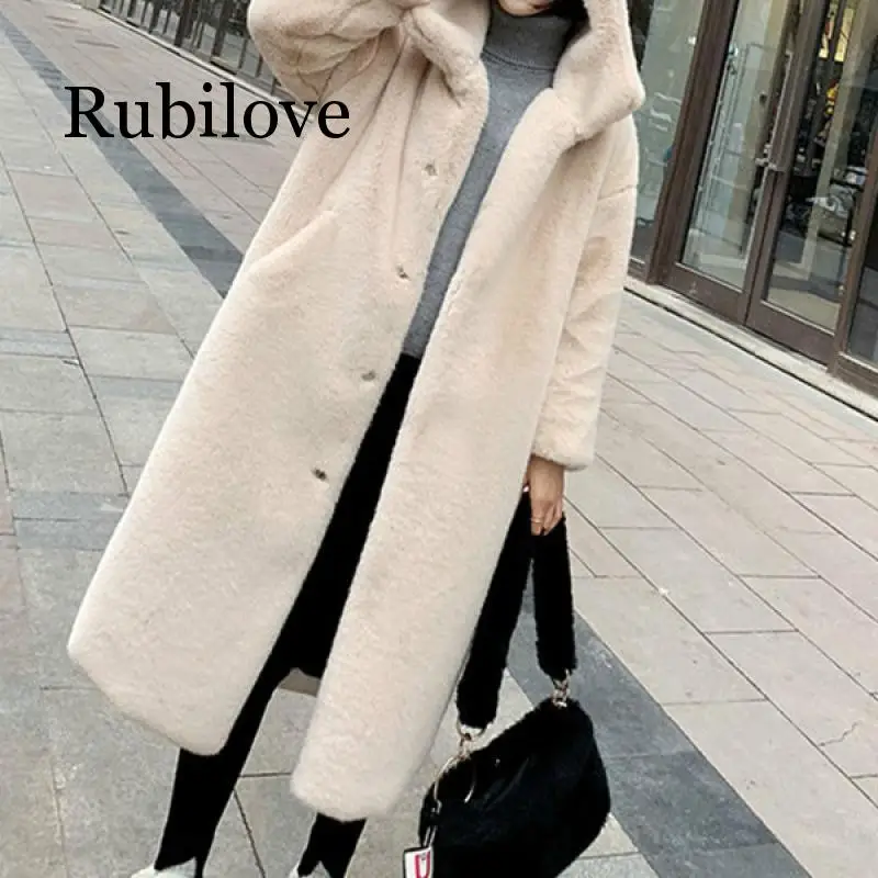 Rubilove Новое Осеннее зимнее меховое пальто женская одежда высокого качества имитация меха норки с капюшоном размера плюс Утепленные длинные пальто Femal