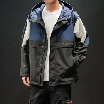 

Autumn new color matching tooling jacket men's large size loose hooded sports jacket 5XL
