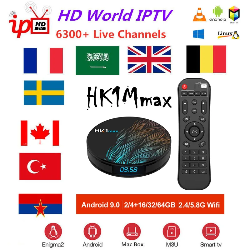 HK1 max 4K HD медиаплеер Android 9,0 IPTV один год 6300+ Live Каналы Франция Германия арабский Бельгия Швеция IPTV Set-top box