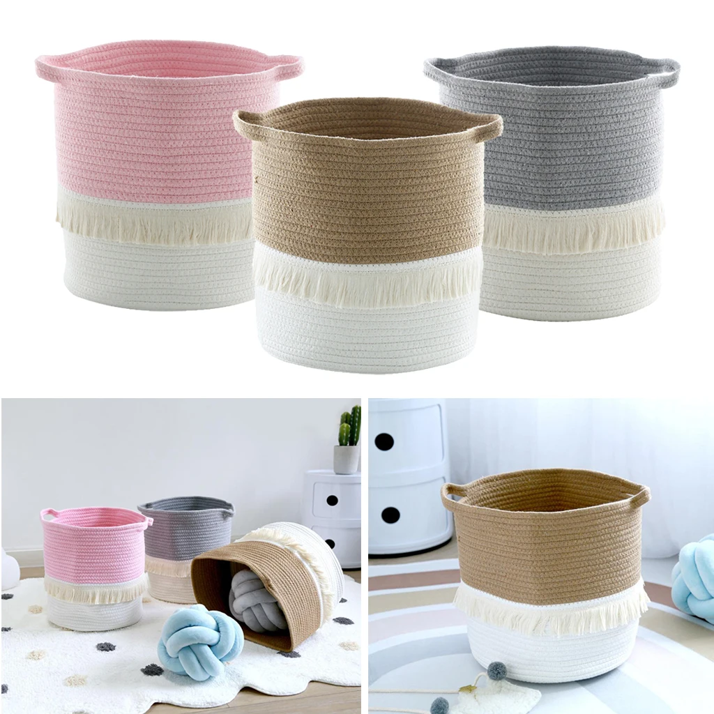 Cotton Rope Knitted Pompom Decor Laundry Basket Toy Storage Bucket Photo Prop Toy Basket Bucket Organizer