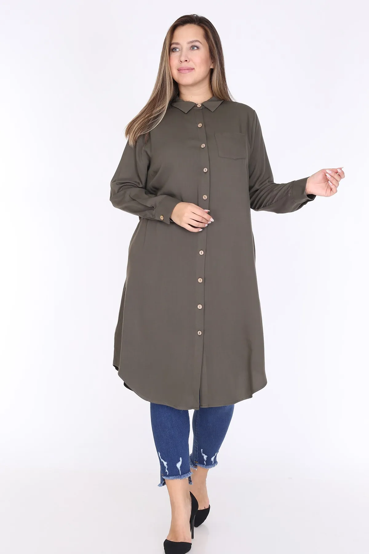 

Women Plus Size Pocket Detail Long Sleeve Shirt Dress Khaki 1594