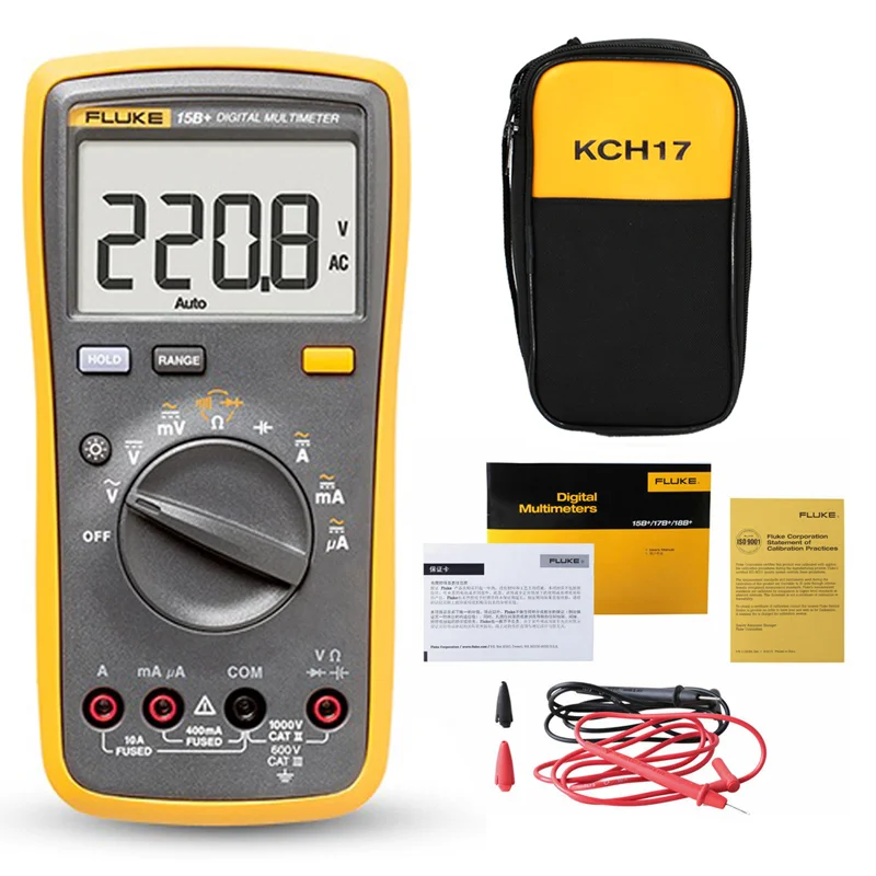 Fluke 15B+ автоматический цифровой Диапазон мультиметр DMM AC напряжение и ток тестер/DC/диод/R/C для отправки упаковки