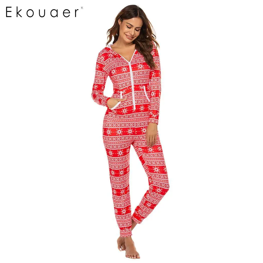Ekouaer женская пижама-комбинезон для взрослых, осенняя зимняя пижама с длинным рукавом и круглым вырезом, пижама с принтом, цельная Пижама с капюшоном - Цвет: floral2