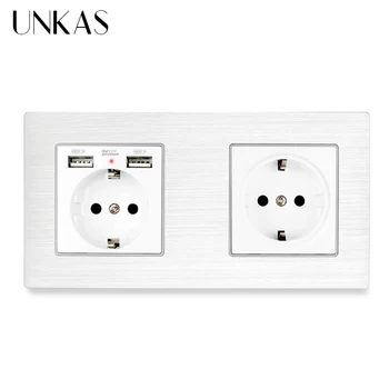 

UNKAS 16A EU Standard Multi Way Power Socket Plug Grounded Electrical Socket with usb outlet Aluminum Metal Panel Socket