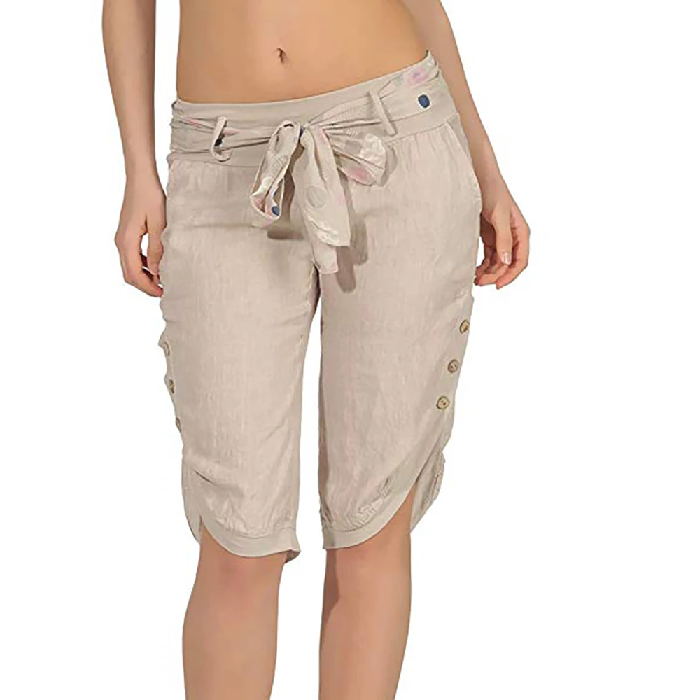 Beige LOOZYKIT женские льняные Короткие штаны для отдыха однотонные штаны - Цвет: Beige