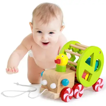 

Baby 1-3 Year Old Wooden Puzzle Little Duck Pull Cord Car Toy Children Trailer Toy