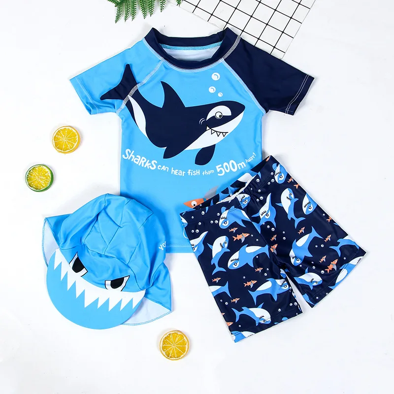 Bathing Suit Child Baby Swimsuit 3 Pieces Kids Boys Swimming Suit UV Protection Shark Print Toddler Swimwear Summer Beach Wear