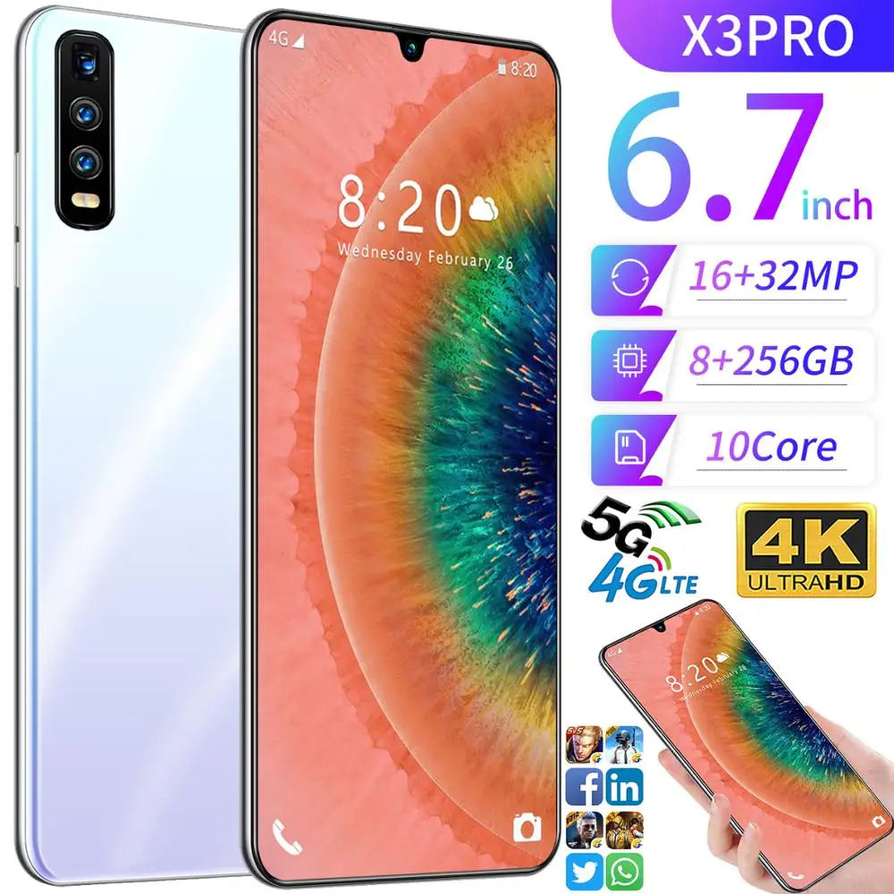 2020 New X3 Pro 5G Android 10.0 Mobile Phone 6.7 Inches Water Drop Screen 8GB 256GB Smart Phone 16MP 32MP 5600mAh Cellphone