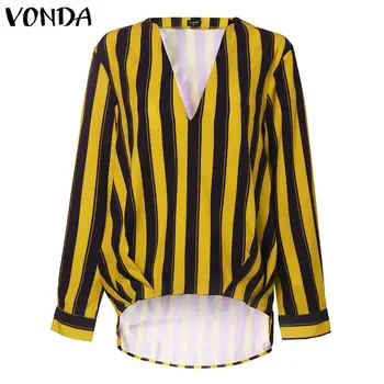 

VONDA Office Ladies Blouses Bohemian Autumn Long Sleeve Beach Tops And Blouse Office Ladies Striped Shirts Femme Plus Size Blusa