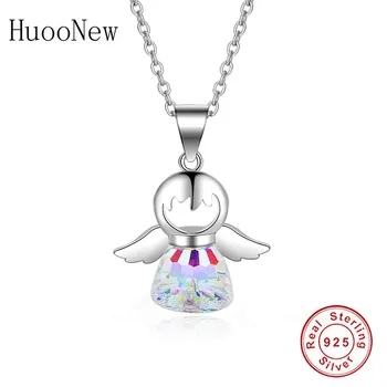 

925 Sterling Silver Girl Angel Wings & Natural Stone Bottle Necklace Pendant Woman Choker Trinket Valentine's Day Collar Bijoux