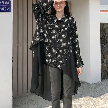 

TVVOVVIN 2020 new spring and summer turn-down collar batwing sleeves chiffon spliced printed black shirt loose WK65601